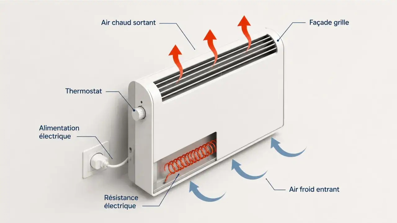 Radiateur électrique : alimentation, thermostat, résistance chauffante, air froid entrant et air chaud sortant.