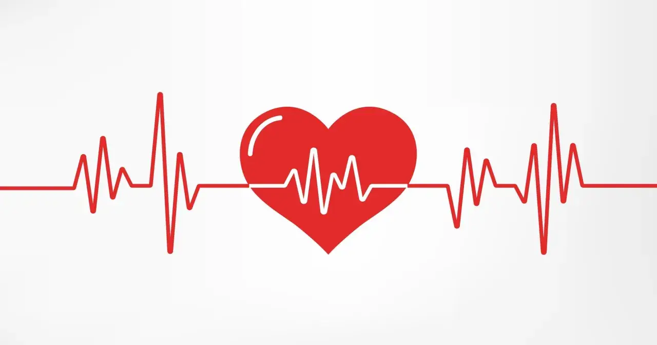 Czerwone serce z linią EKG. Tętno 150 uderzeń na minutę, symbolizujące szybkie bicie serca.
