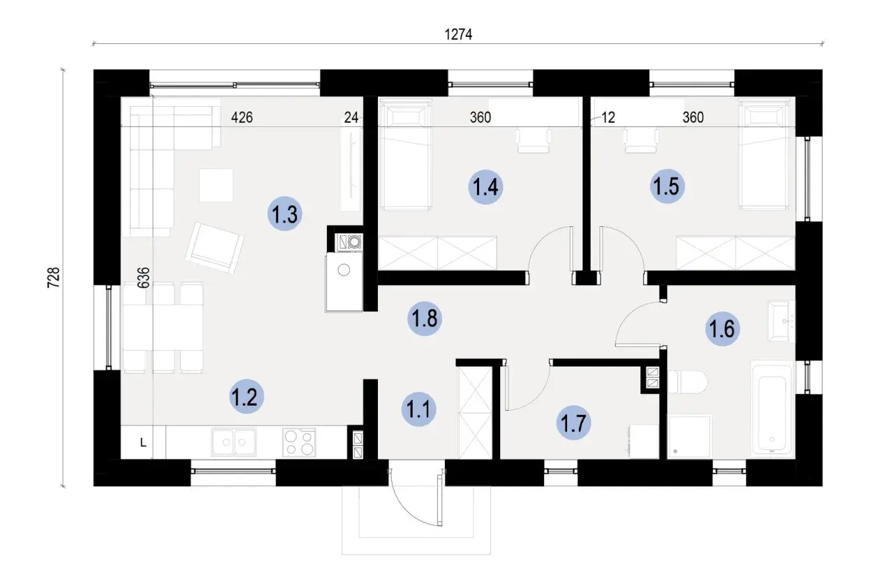 Projekt domu 70m2 parterowy. Rzut parteru z salonem, kuchnią, 3 sypialniami, łazienką i przedpokojem.
