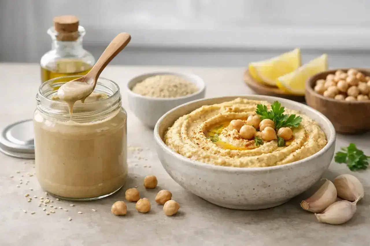 Pyszny hummus z ciecierzycą, czosnkiem i oliwą. Słoik z kremowym tahini, które jest kluczowym składnikiem.