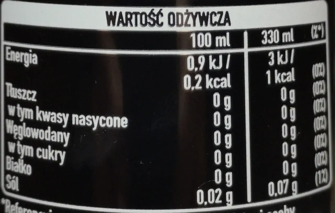 Tabela wartości odżywczych napoju, który jest cola zero kalorie. W 100 ml napoju znajduje się tylko 0,2 kcal.