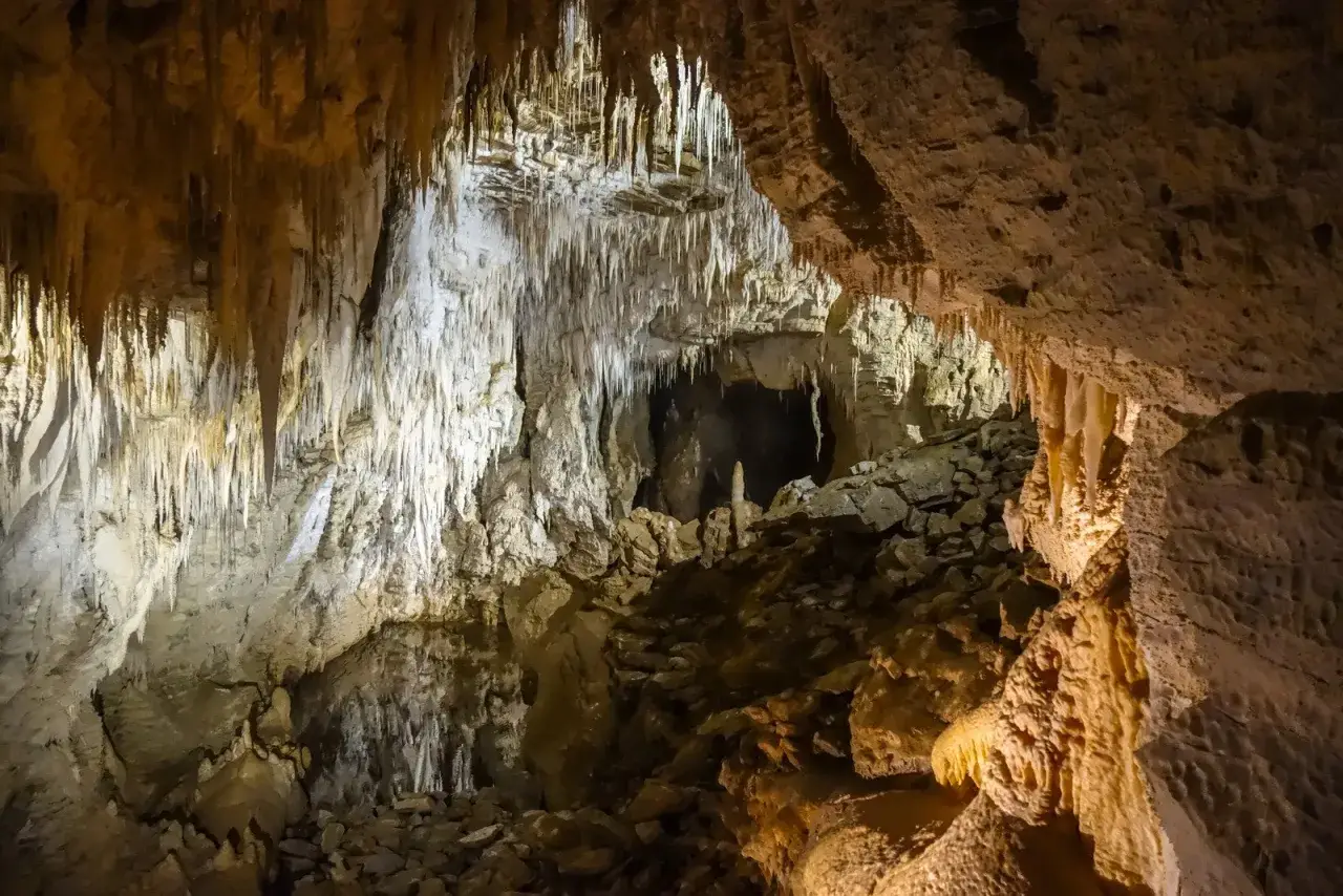 Wnętrze jaskiń w Zakopanem, pełne stalaktytów i stalagmitów, tworzy magiczny, podziemny krajobraz.