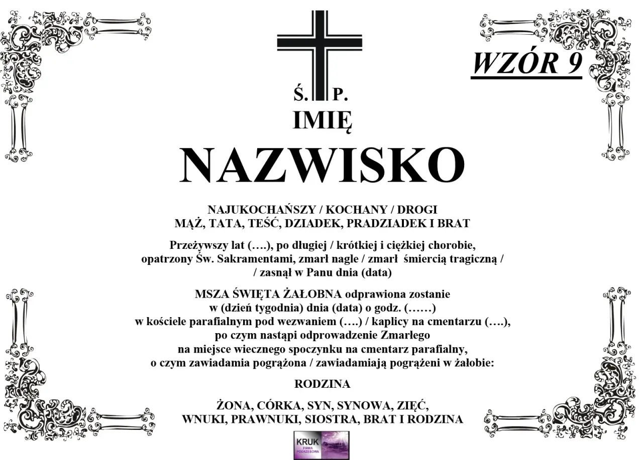 Wzór nekrologu z krzyżem i ozdobnymi ramkami. Informacje o zmarłym, mszy żałobnej i pogrzebie. Czas życia jak klepsydra.