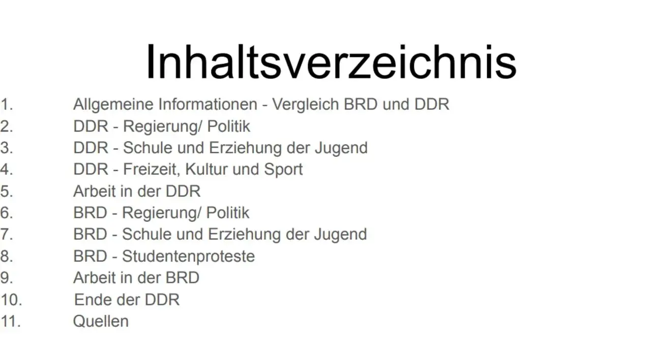 Inhaltsverzeichnis mit Vergleich von BRD und DDR, Themen wie Politik, Schule, Arbeit und Studentenproteste werden beleuchtet.