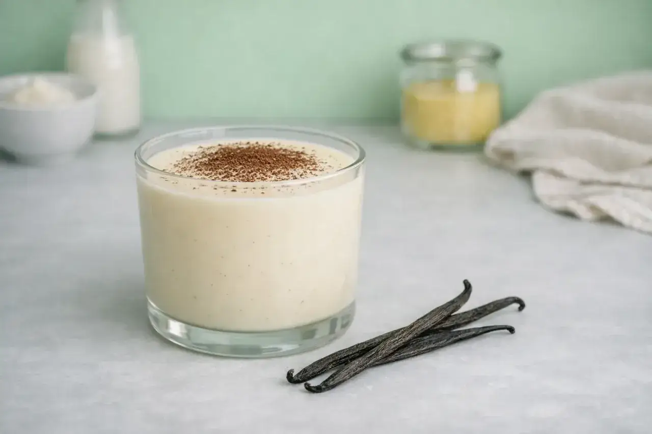 Un verre de crémeux vanille Michalak, saupoudré de cacao, avec des gousses de vanille.