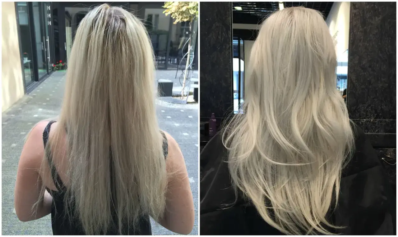 Przed i po zabiegu Olaplex. Włosy po zabiegu są widocznie zdrowsze i lśniące.