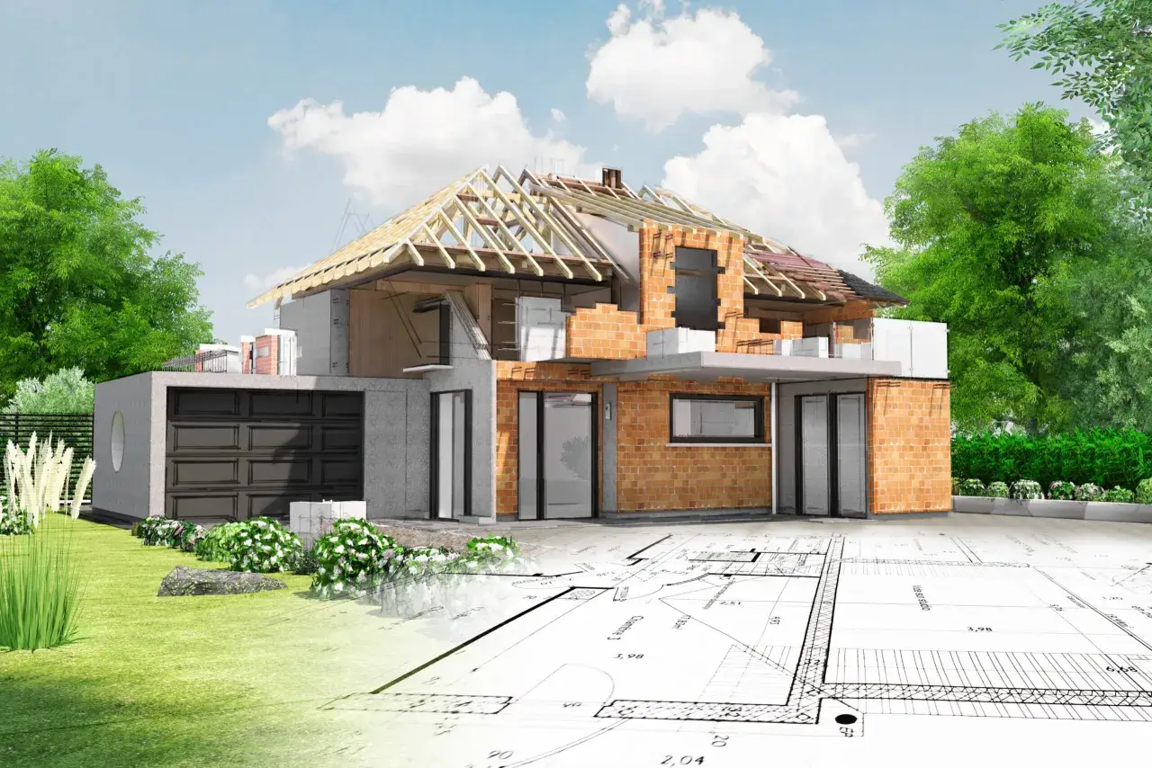 Wizualizacja domu w budowie na tle planów architektonicznych. Poznaj kupno działki krok po kroku.