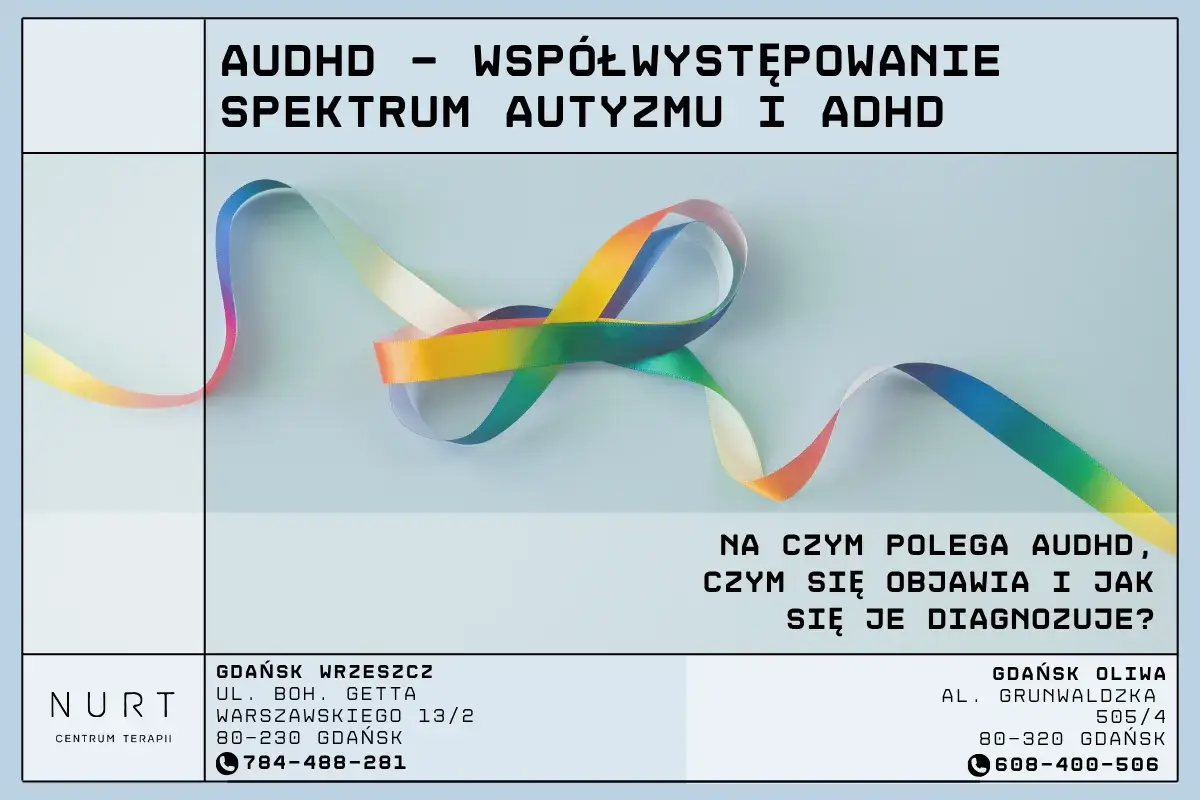 Tęczowa wstążka symbolizuje spektrum autyzmu i ADHD. Plakat informuje o współwystępowaniu tych zaburzeń.
