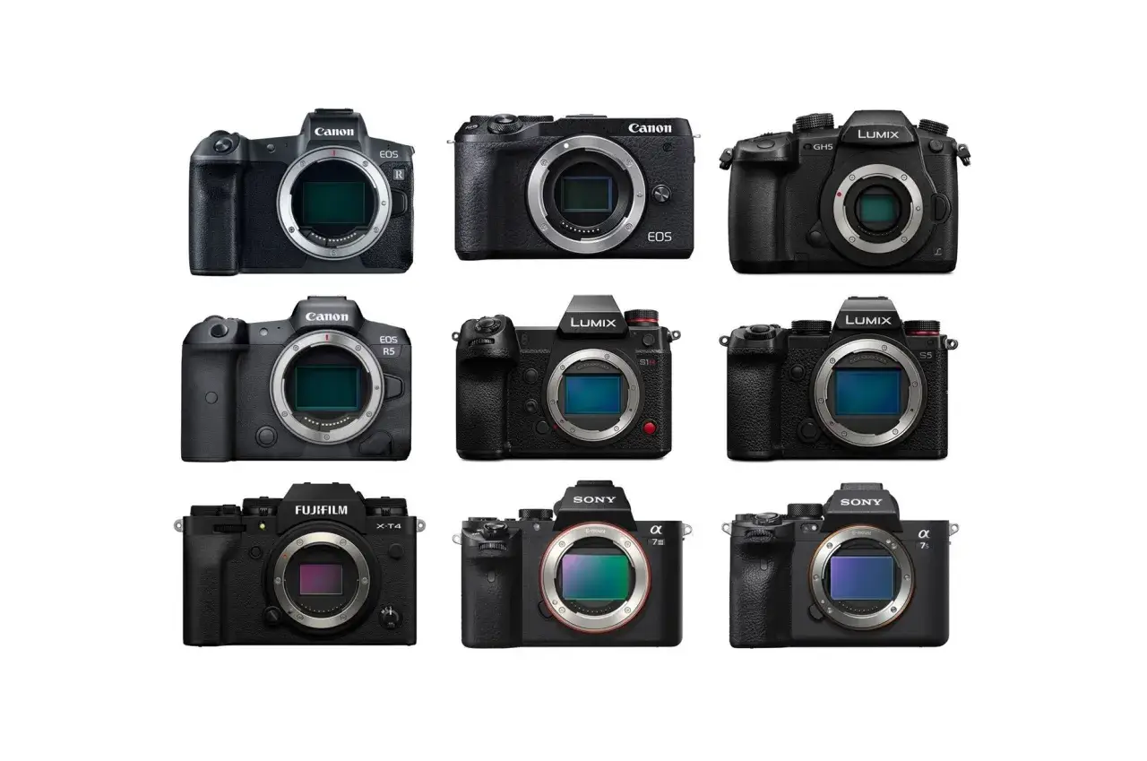 Różne rodzaje aparatów fotograficznych: Canon EOS R, R5, Lumix GH5, S1H, S5, Fujifilm X-T4, Sony Alpha 7 III, 7S III.