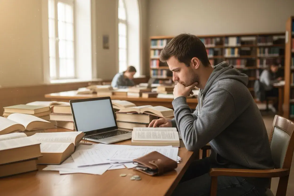 Student pochłonięty nauką w bibliotece, otoczony książkami i notatkami. Intensywna praca nad materiałem, by uzyskać warunkowe zaliczenie przedmiotu.