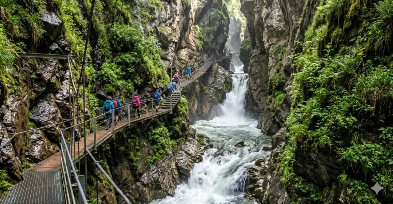 Sentiero sospeso tra le rocce e la vegetazione lussureggiante, con cascate fragorose che scendono nel **orrido di Bellano**.
