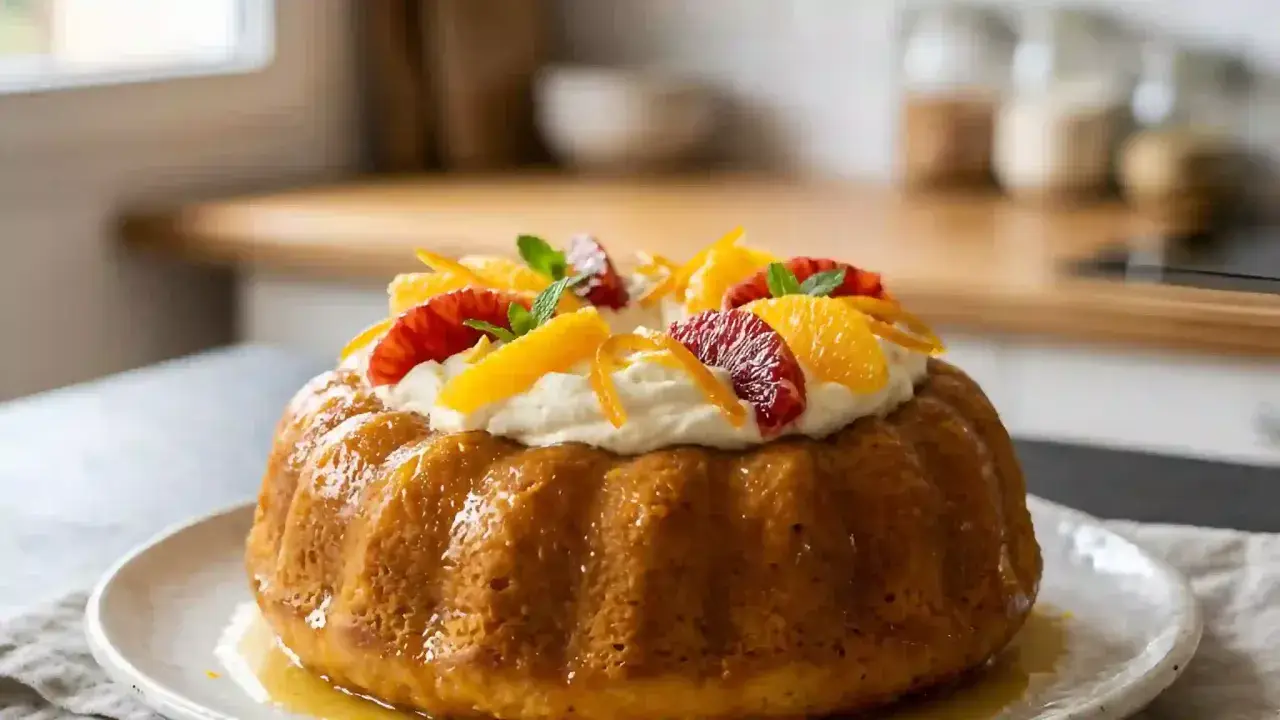 Savoureux savarin recette, garni de crème fouettée et d'agrumes frais. Un délice visuel et gustatif.