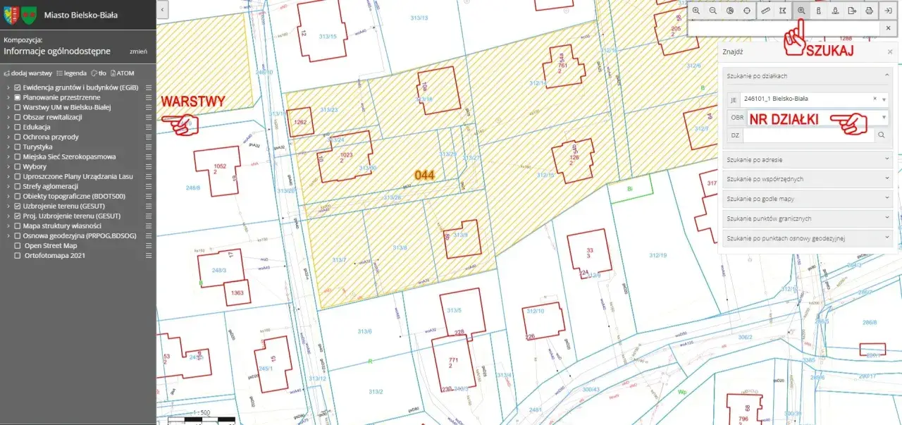 Interaktywny miejski plan zagospodarowania przestrzennego z widocznymi warstwami i opcjami wyszukiwania działek.