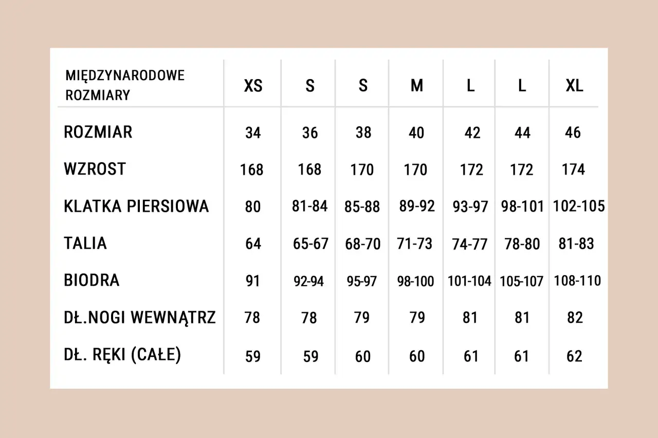 Tabela rozmiarów od XS do XL. Rozmiar 80 w klatce piersiowej odpowiada wiekowi ok. 10-12 lat, wzrostowi 168 cm.
