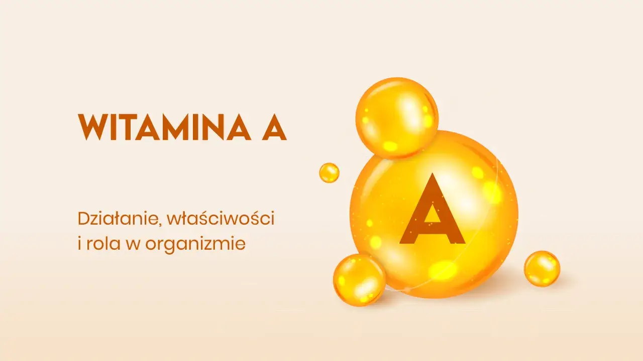 Wielka kropla z literą "A" symbolizuje witaminę A, której działanie doustne jest kluczowe dla zdrowia.