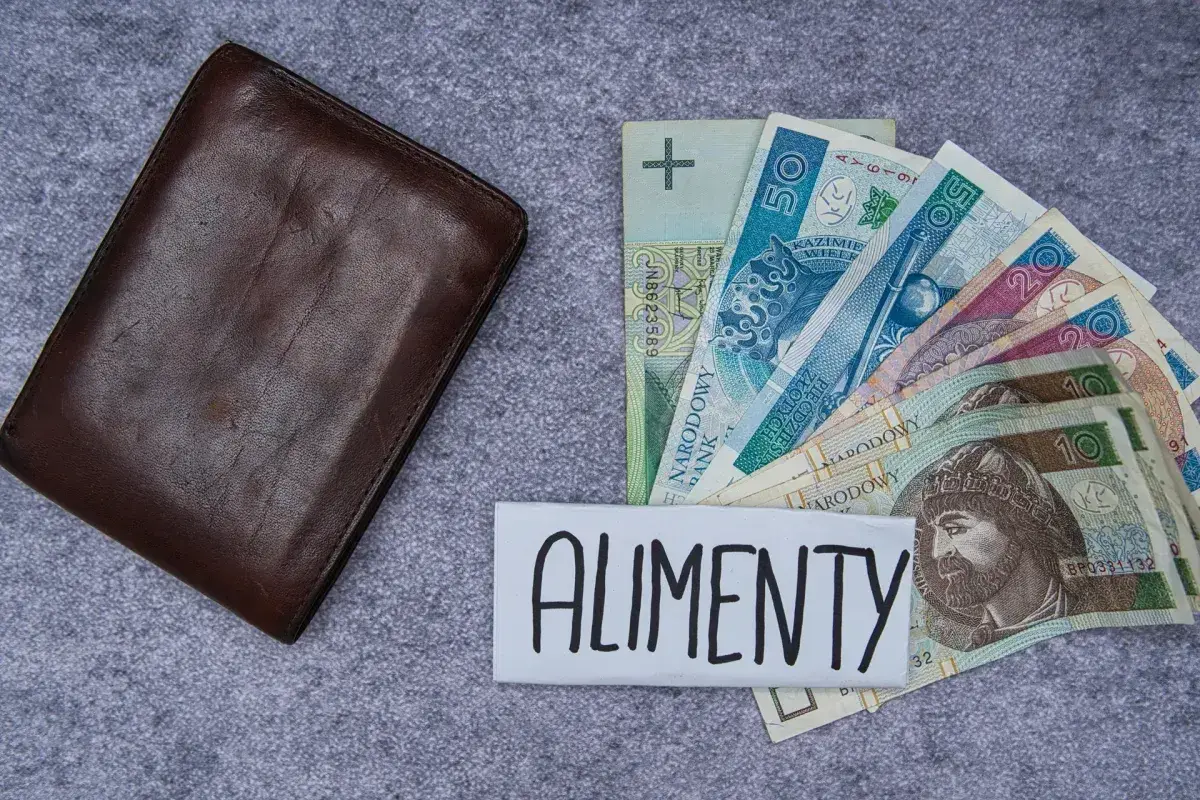 Brązowy portfel obok polskich banknotów i napisu "ALIMENTY". Symbolizuje wsparcie finansowe dla dzieci.