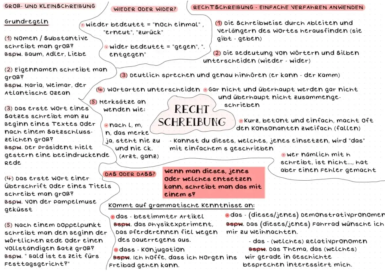 Die Grafik erklärt die Rechtschreibung, z.B. die Wortbedeutung von "wieder" und "wider" und wann man "das" oder "dass" schreibt.