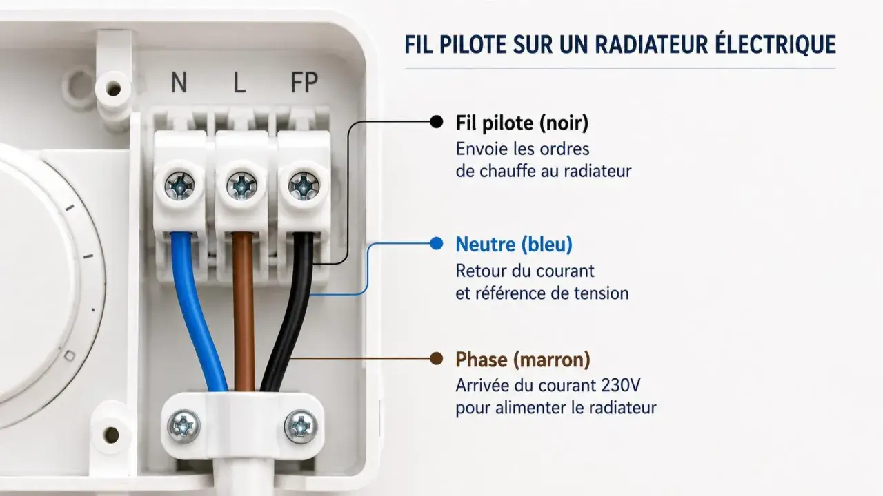 Branchement convecteur électrique : fil pilote noir, neutre bleu et phase marron connectés. Le fil pilote envoie les ordres de chauffe.