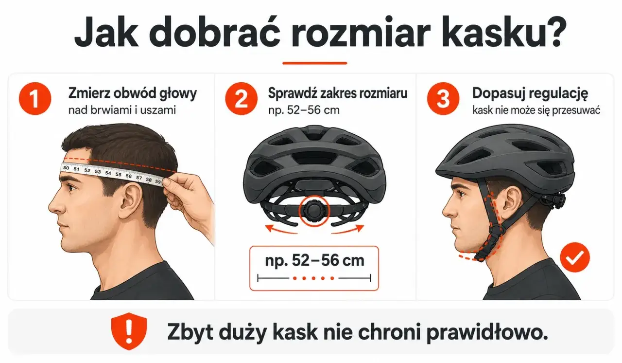 Jak dobrać kask rowerowy? Zmierz obwód głowy, sprawdź zakres rozmiaru i dopasuj regulację. Kask nie może się przesuwać.