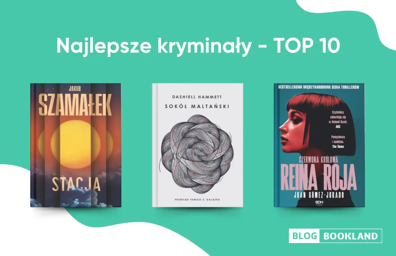 Okładki trzech książek: "Stacja" Jakuba Żamalka, "Sokół Maltański" Dashiella Hammetta i "Czerwona Królowa" Juana Gomeza-Jurado, prezentujące najlepsze kryminały.