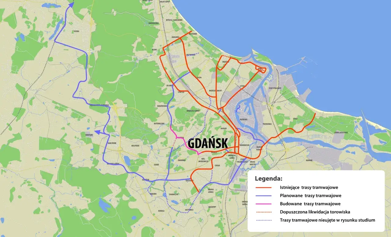 Mapa tras tramwajowych w Gdańsku i okolicach. Widoczna planowana **szemud trasa** tramwajowa łącząca Osowę z Matarnią.