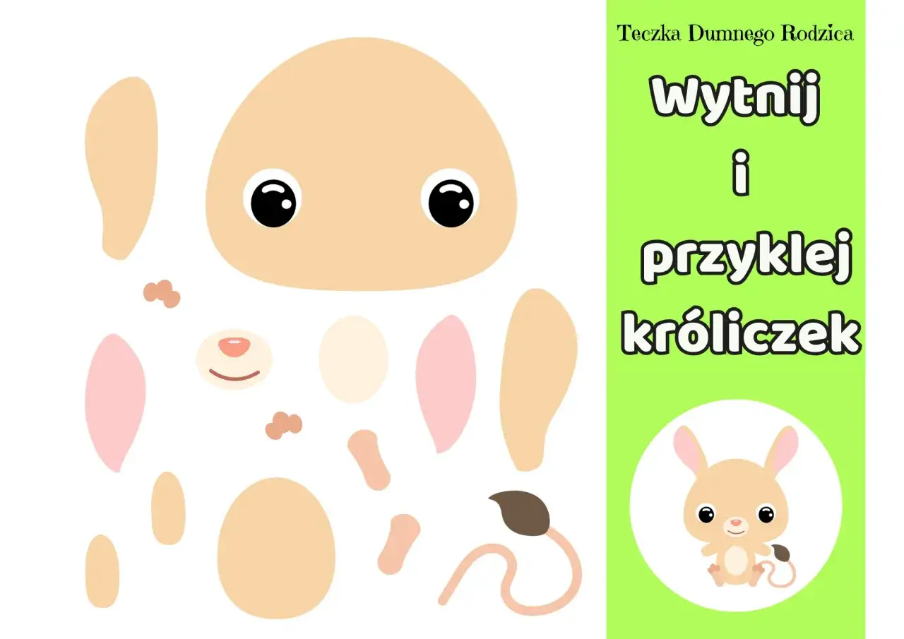 Zestaw do wycinanek dla dzieci z papieru: elementy do złożenia uroczego króliczka.