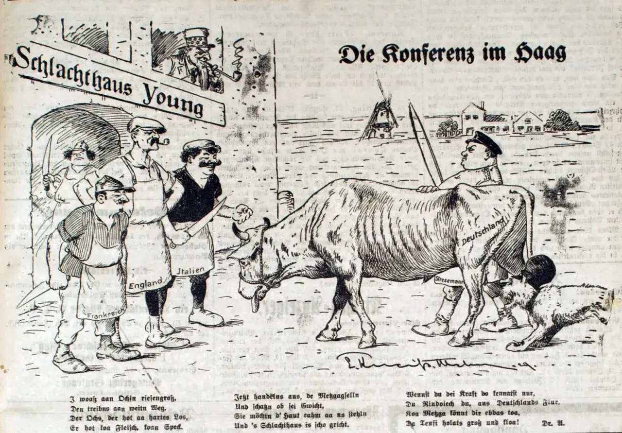 Karikatur: "Schlachthaus Young" zeigt Deutschland als Rind, das von Stresemann und anderen Nationen bedrängt wird. Ein junger Plan zur Konferenz in Den Haag.