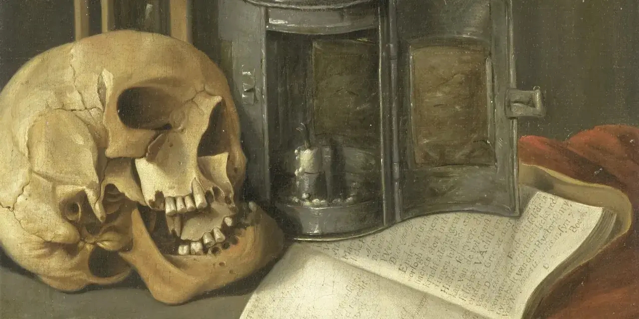 Czaszka, świeca i księga przypominają o marności nad marnościami.
