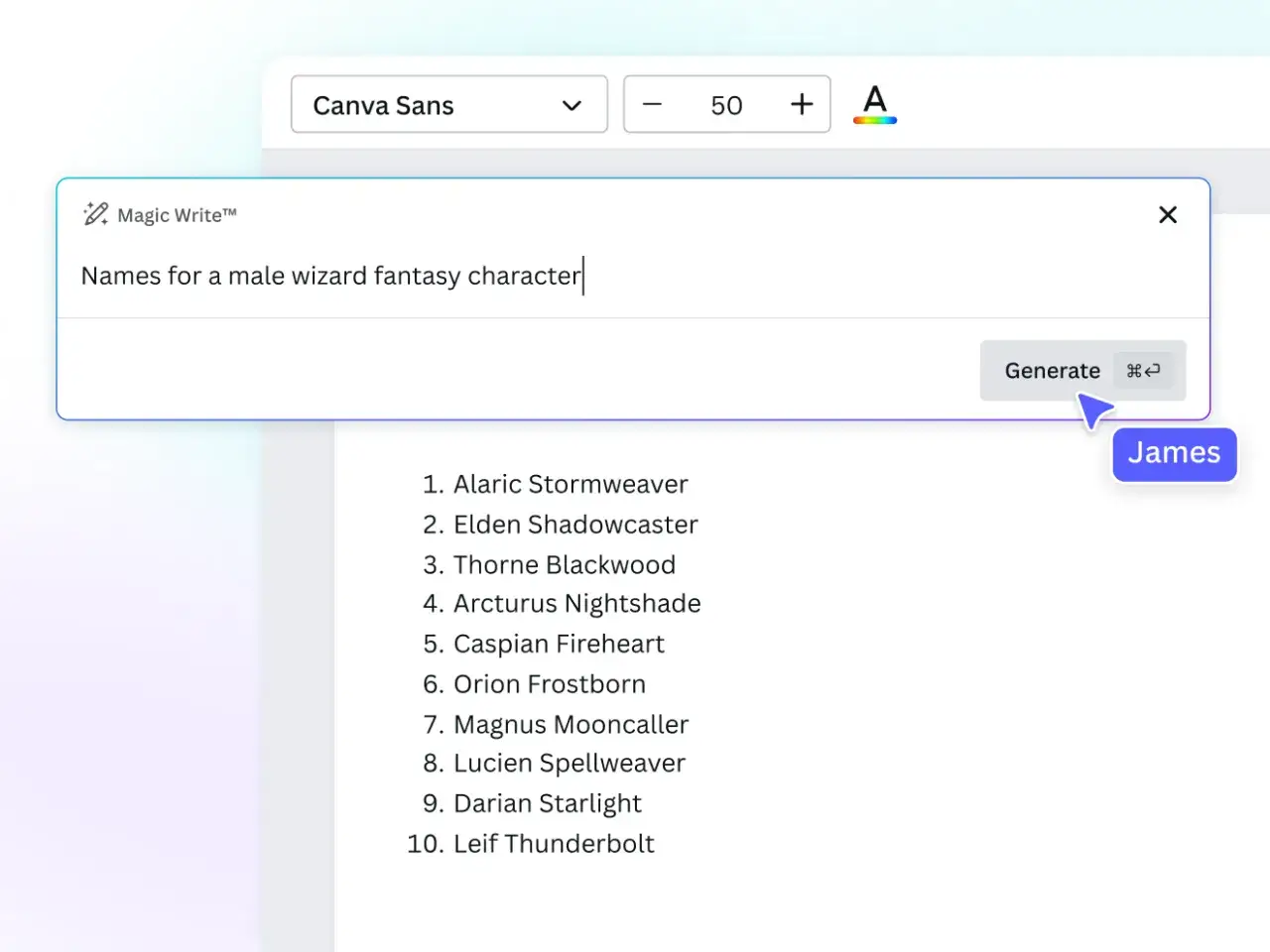 James utilise "Magic Write" pour générer des noms de sorciers, une pseudo idée pour son personnage.