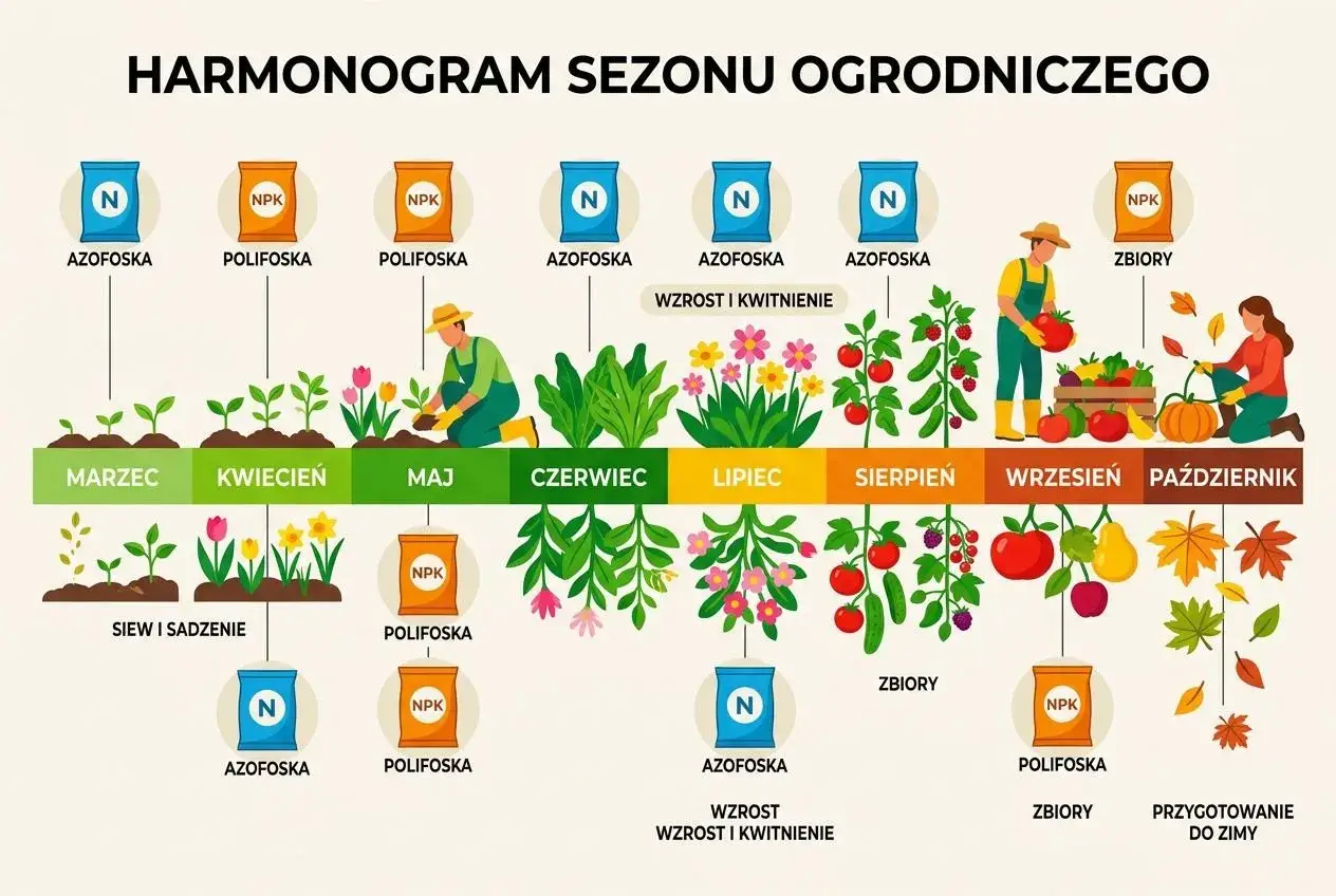 Harmonogram nawożenia: Azofoska w marcu i maju, Polifoska w maju i wrześniu. Wzrost i kwitnienie w czerwcu, lipcu, sierpniu. Zbiory we wrześniu.