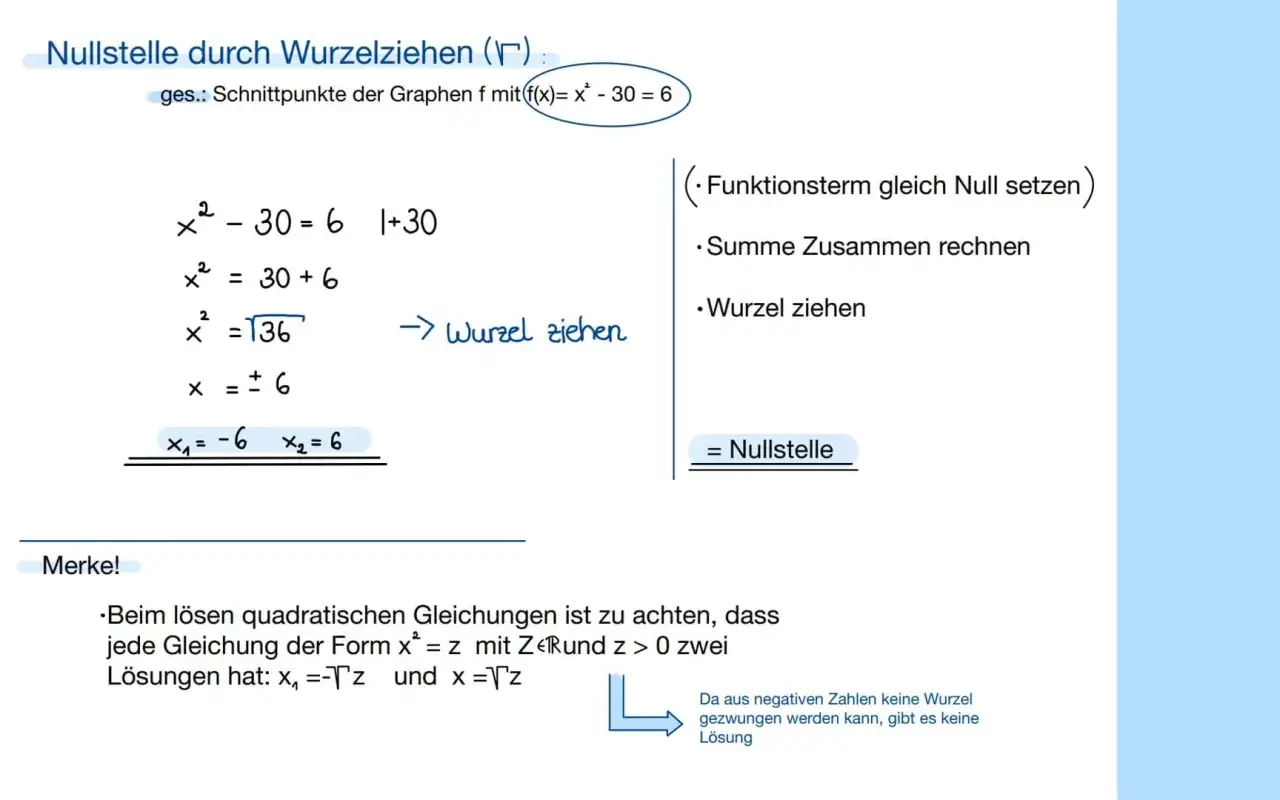 Berechnung von Nullstellen durch Wurzelziehen: x² - 30 = 6 führt zu x = ±6. Dies zeigt, dass es zwei Lösungen gibt, keine dreifache Nullstelle.