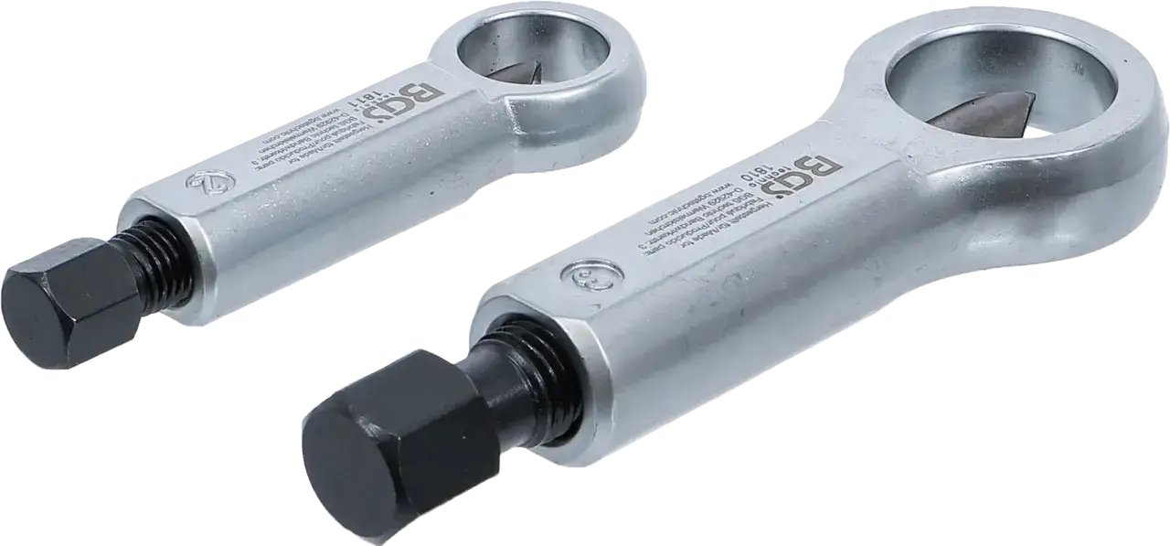 Dos rompetuercas de metal plateado, herramientas para romper tuercas oxidadas o difíciles de quitar.