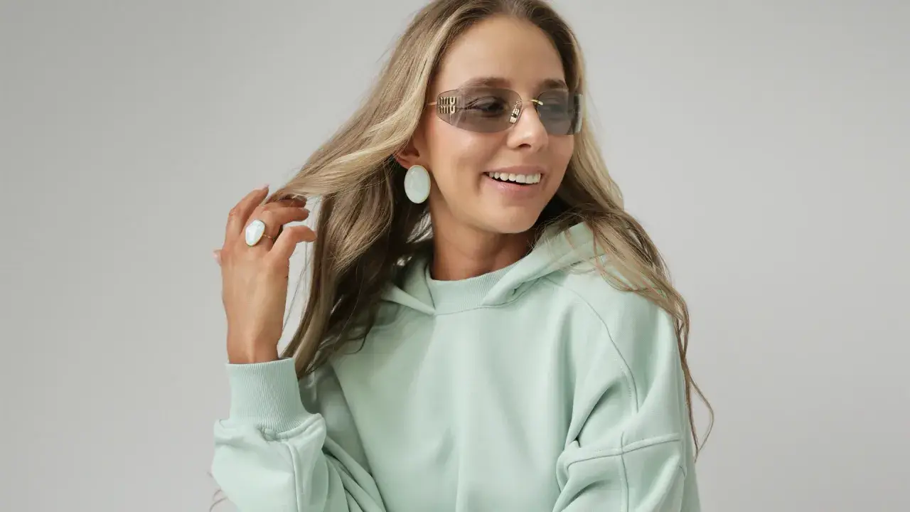 Uśmiechnięta blondynka w miętowej bluzie i okularach przeciwsłonecznych, prezentująca swój modny styl.