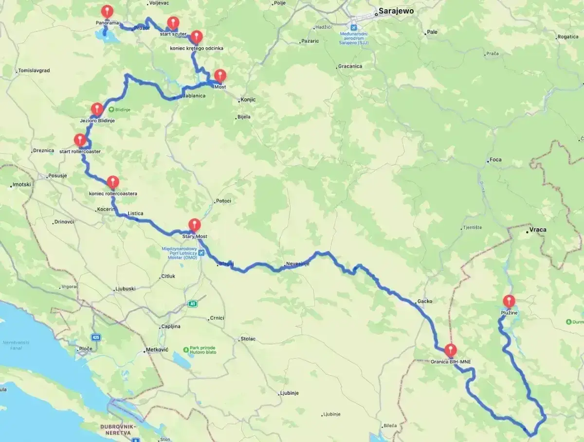 Trasa przez Bośnię i Hercegowinę do Plužine, gdzie jest Czarnogóra. Widoczna droga z punktami: Jezioro Blidinje, Mostar, Plužine.