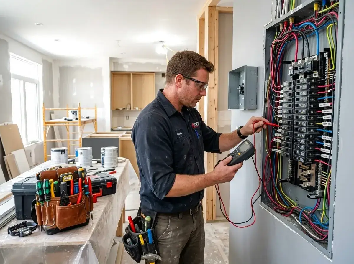 Elektryk sprawdza okablowanie panelu elektrycznego, przygotowując instalację inteligentny dom. Narzędzia i puszki elektryczne w pobliżu.