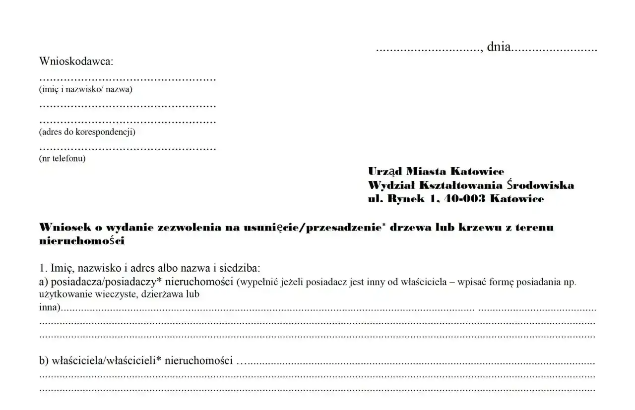Wniosek o zezwolenie na wycinkę drzew owocowych. Dokument zawiera dane wnioskodawcy i informacje o nieruchomości.