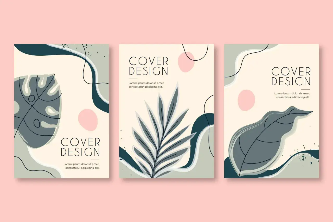 Trois maquettes de couverture de livre avec des motifs abstraits et des feuilles tropicales. Une belle idée de couverture de livre pour un projet nature.