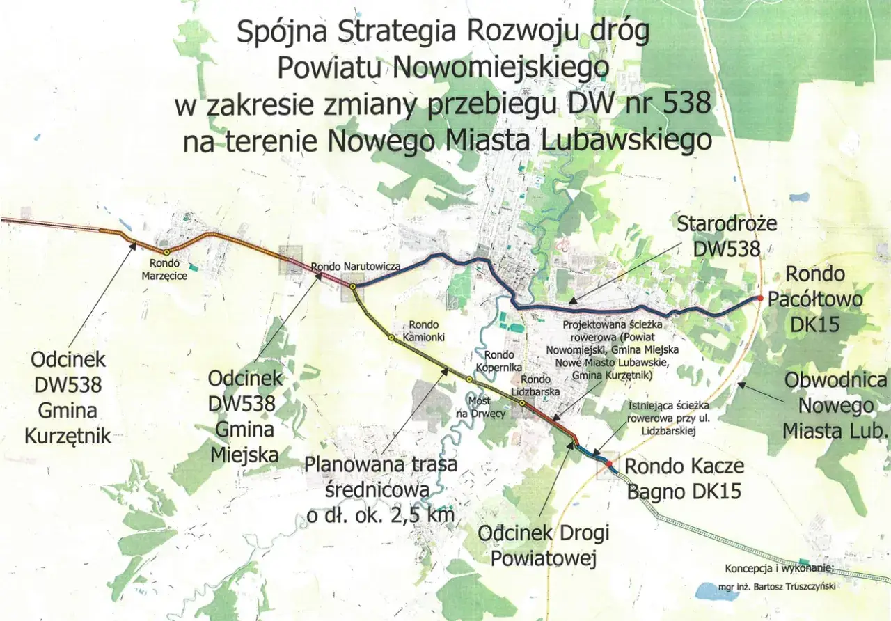 Mapa przedstawia planowaną trasę Nowe Miasto Lubawskie, w tym obwodnicę i ścieżki rowerowe, usprawniające ruch drogowy.