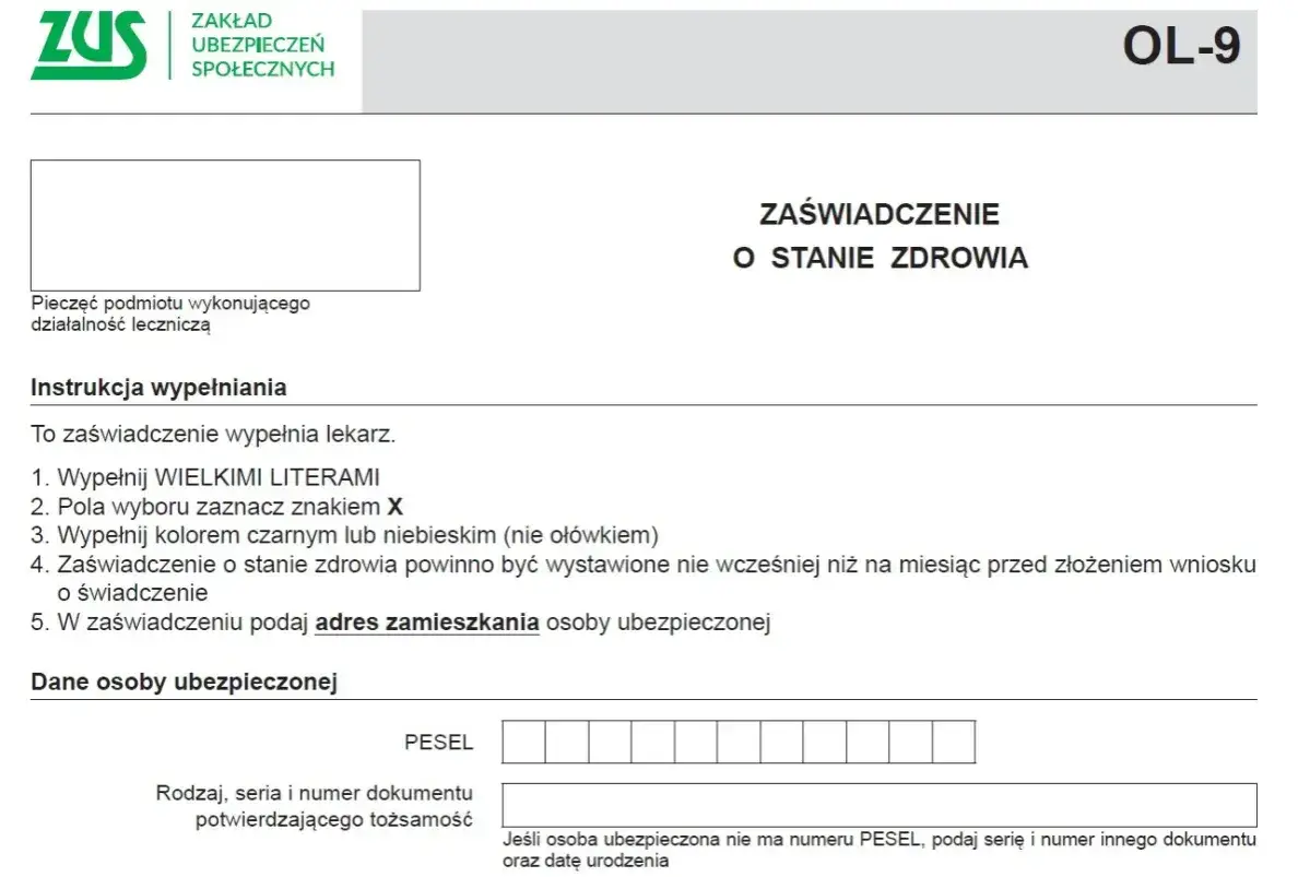 Formularz ZUS OL-9, zaświadczenie o stanie zdrowia, potrzebne do ubiegania się o rentę chorobową. Wypełnia lekarz.