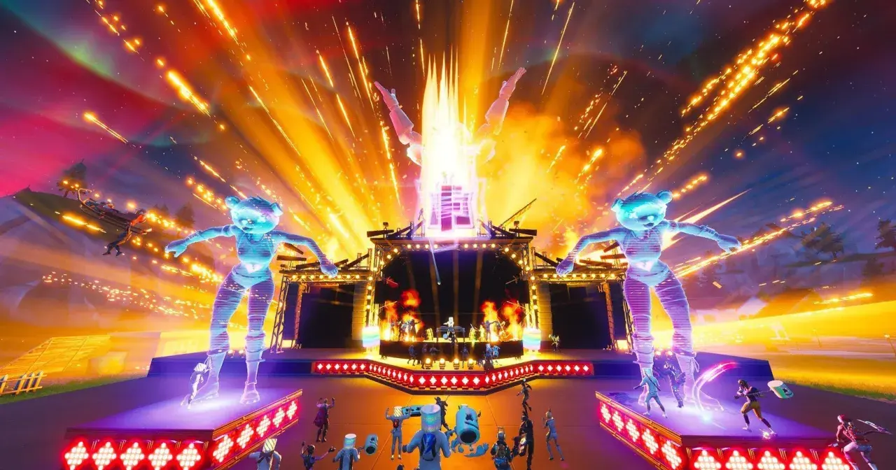 Koncert w Fortnite z Marshmello w roli głównej. Gigantyczne, świecące postacie misiów i wybuchy fajerwerków tworzą niesamowitą atmosferę.