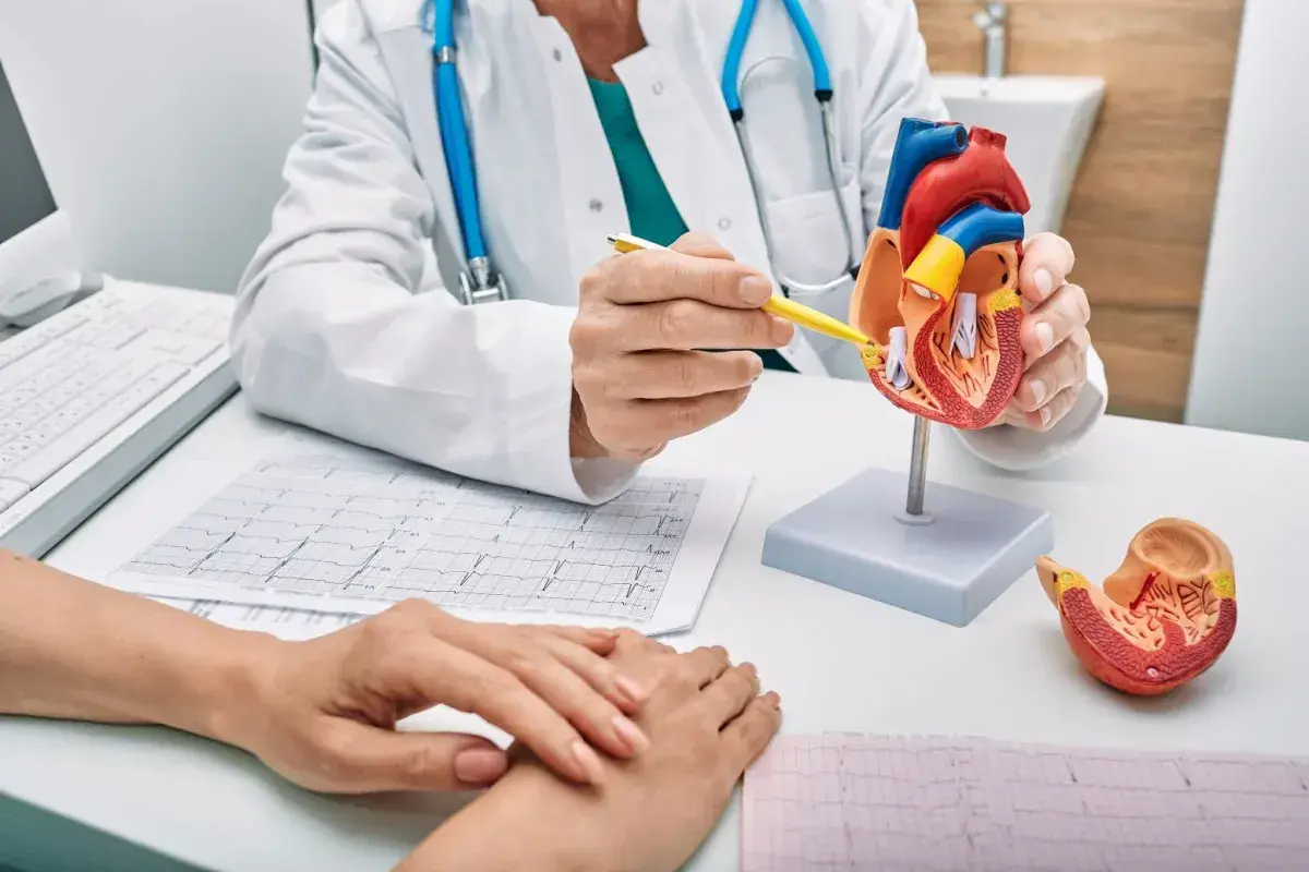 Lekarz omawia z pacjentem model serca i EKG, wyjaśniając szczegóły dotyczące świadczenia rehabilitacyjnego.