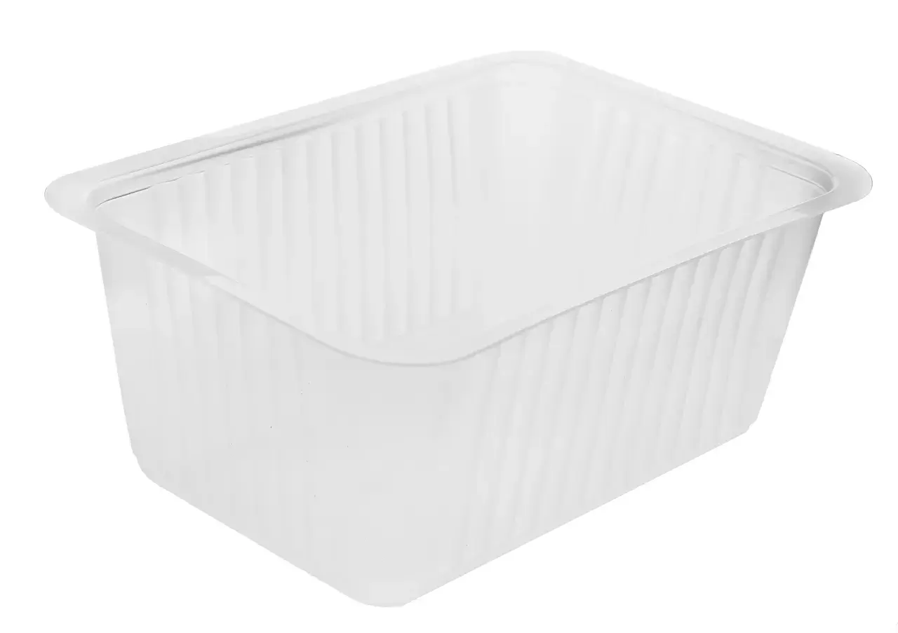 Pojemniki plastikowe 250 ml, idealne do przechowywania żywności, z delikatnymi pionowymi przetłoczeniami.
