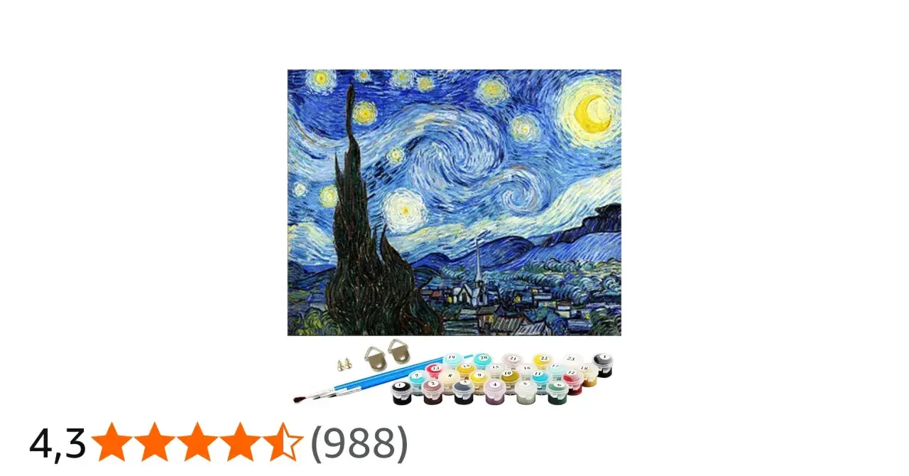 Kit de pintura por números para niños, recreando la noche estrellada de Van Gogh. Incluye pincel y pinturas.
