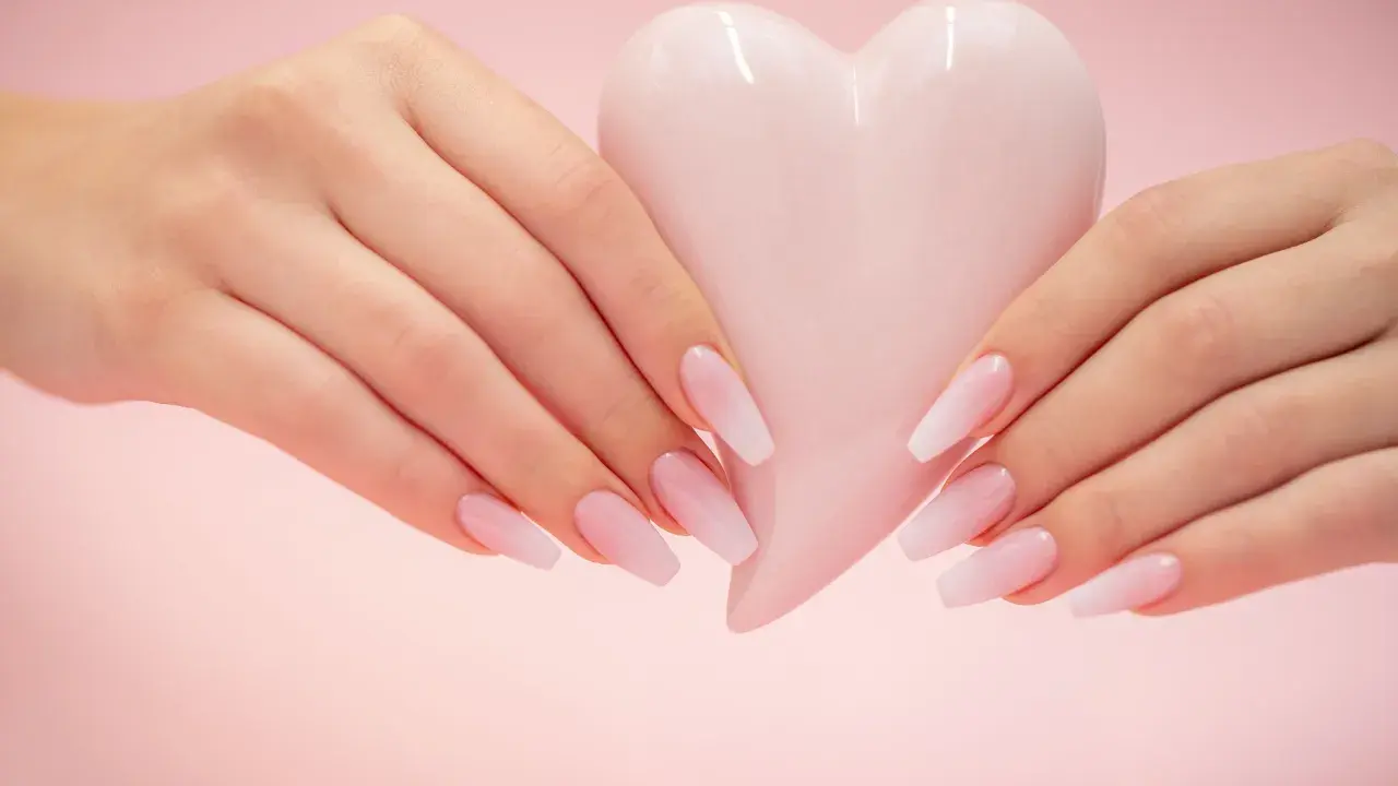 Mains délicates tenant un cœur rose pâle, manucure baby boomer couleur pastel.