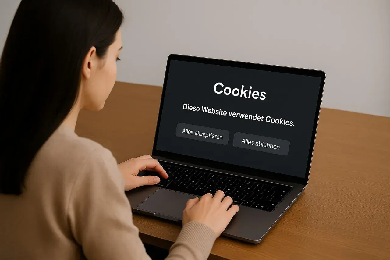 Frau am Laptop entscheidet über optionale Cookies. Sie sieht die Auswahl "Alles akzeptieren" oder "Alles ablehnen".