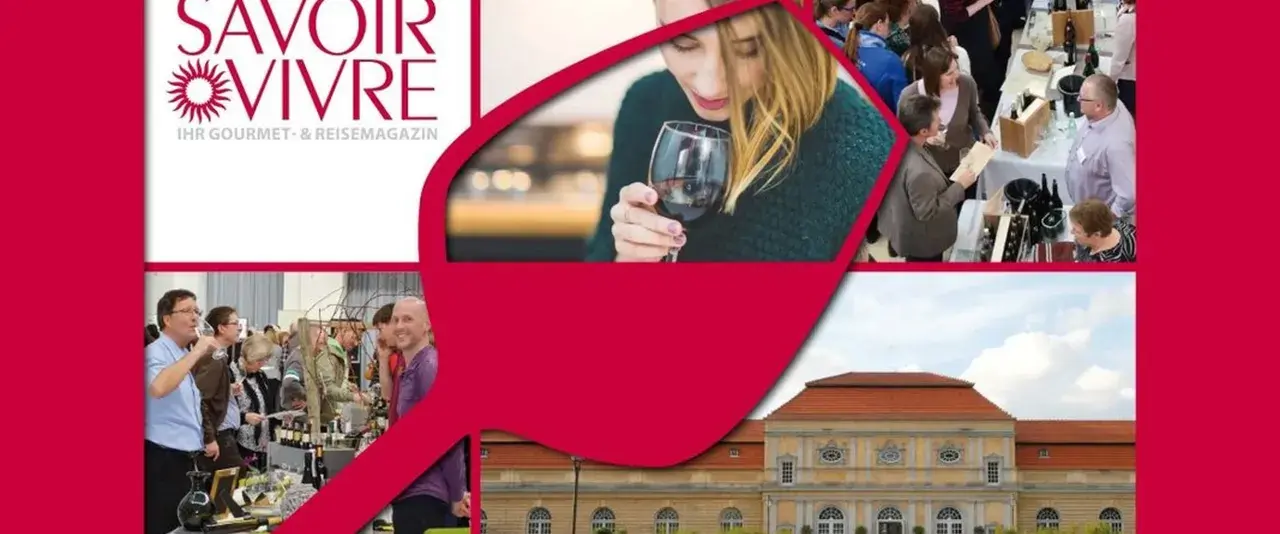 Menschen genießen Wein auf einem Fest. Ein Magazin-Logo "Savoir Vivre" ist zu sehen. Ein Gebäude im Hintergrund.