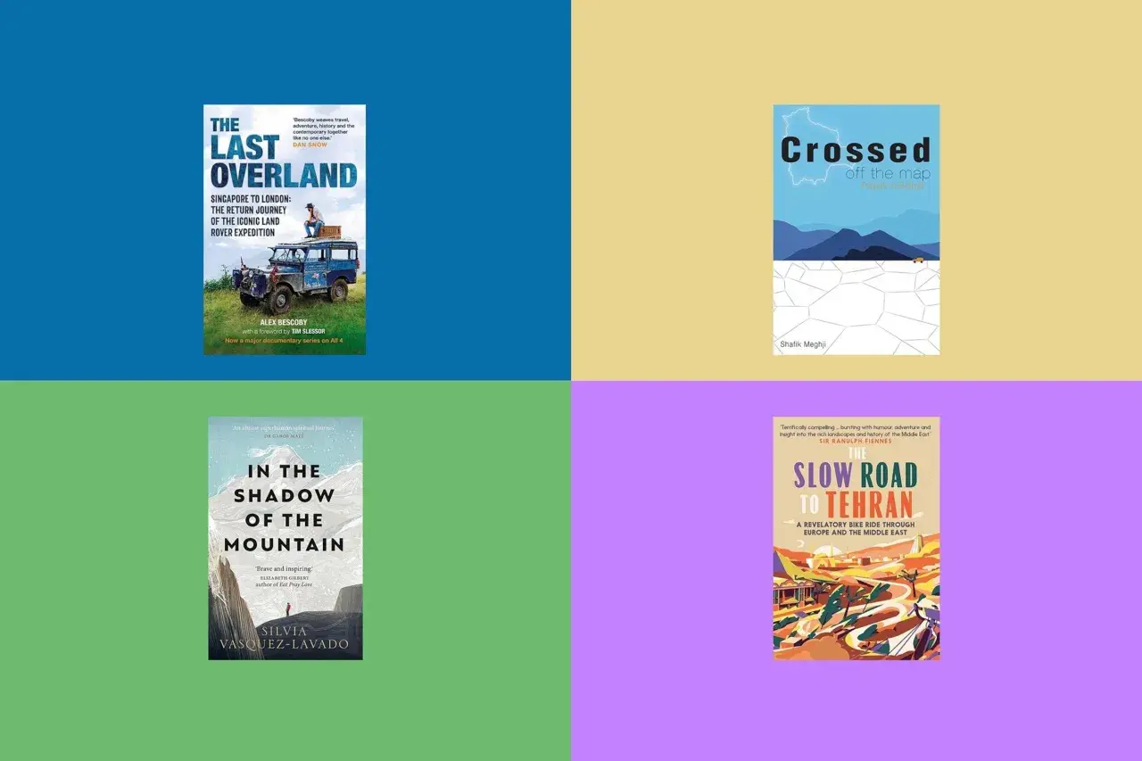 Cztery okładki książek podróżniczych: "The Last Overland", "Crossed off the map", "In the Shadow of the Mountain" i "The Slow Road to Tehran" – inspirujące historie dla miłośników najlepszych książek podróżniczych.
