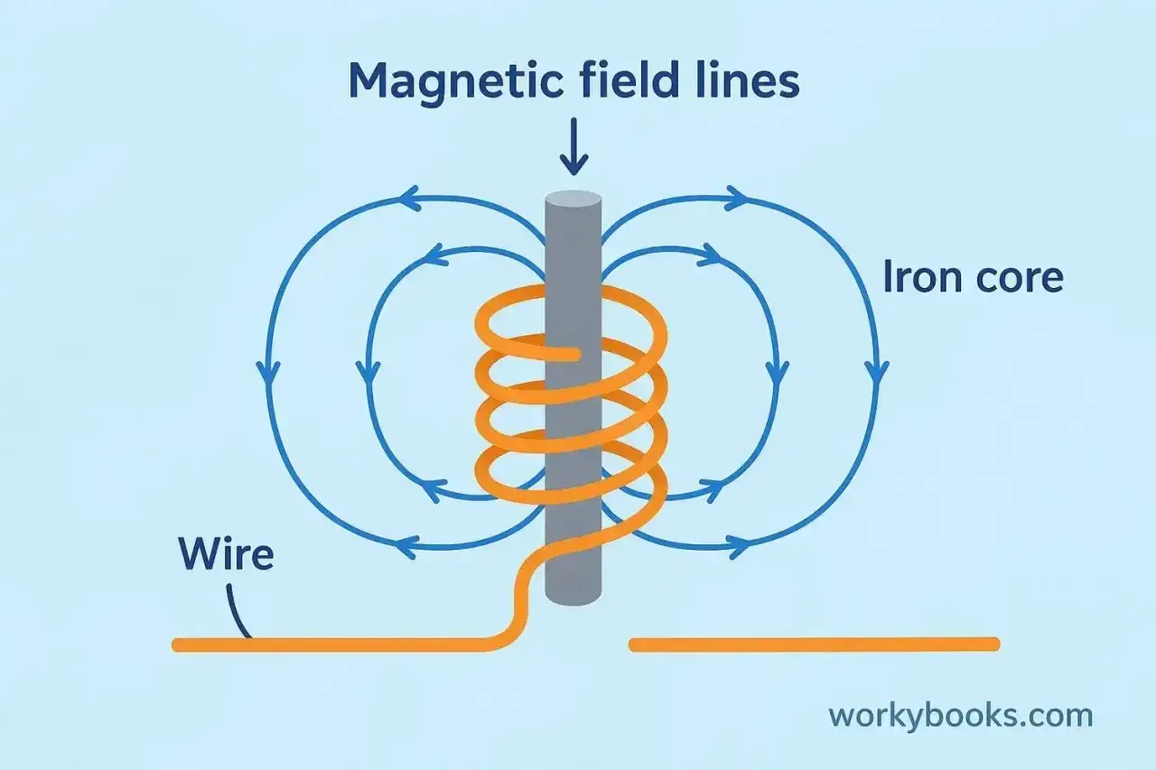 Schemat elektromagnesu z rdzeniem żelaznym, nawiniętym drutem i liniami pola magnetycznego.