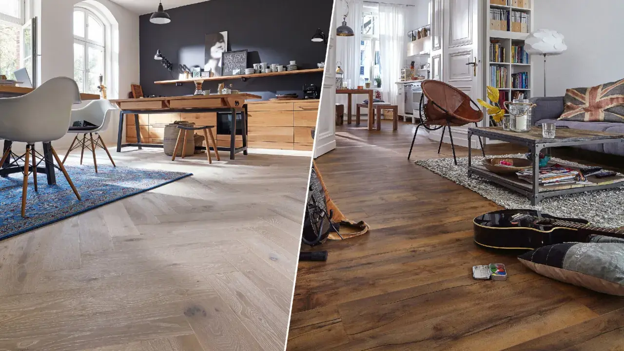 Vergleich von hellem Parkett im Fischgrätmuster mit dunklem Laminatboden. Der Unterschied zwischen Laminat und Parkett wird hier deutlich.