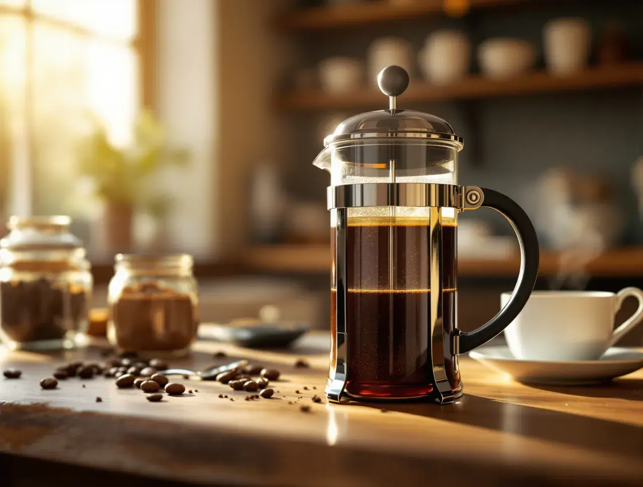 Aromatyczna kawa z french press, ziarna kawy i biała filiżanka na drewnianym blacie.